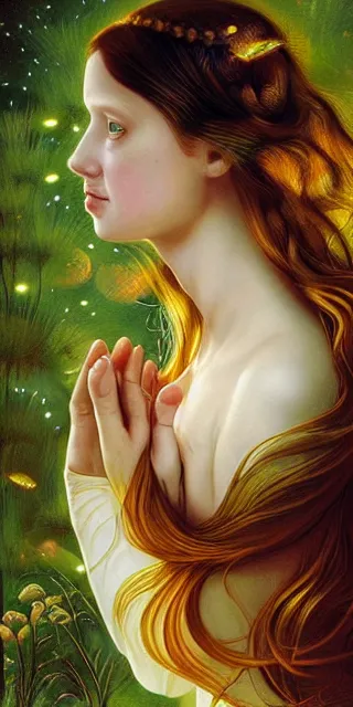 Image similar to infp young woman, smiling amazed, golden fireflies lights, full covering intricate detailed dress, amidst nature, long red hair, precise linework, accurate green eyes, small nose with freckles, oval shape face, realistic, expressive emotions, dramatic lights, hyper realistic ultrafine art by artemisia gentileschi, caravaggio, jessica rossier, boris vallejo