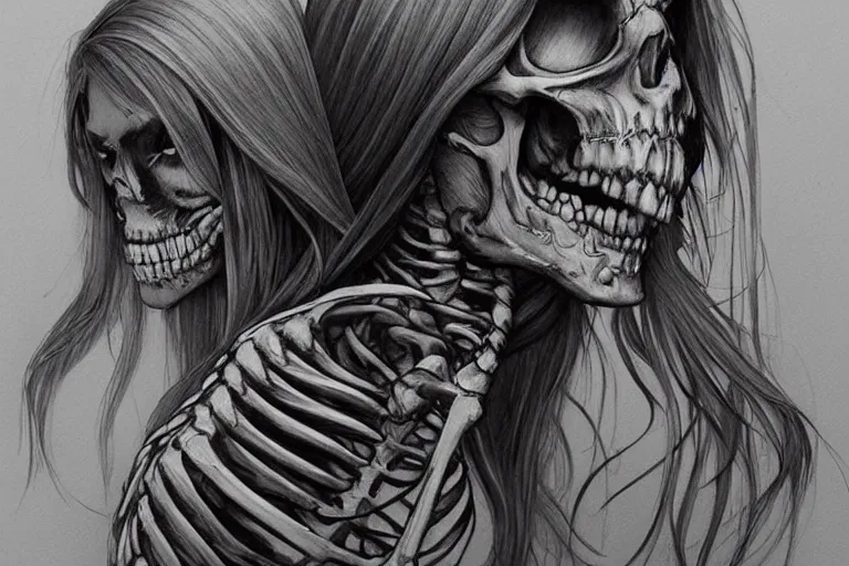 Prompt: “ a extremely detailed stunning girl and skeleton drawings by allen william on artstation ”