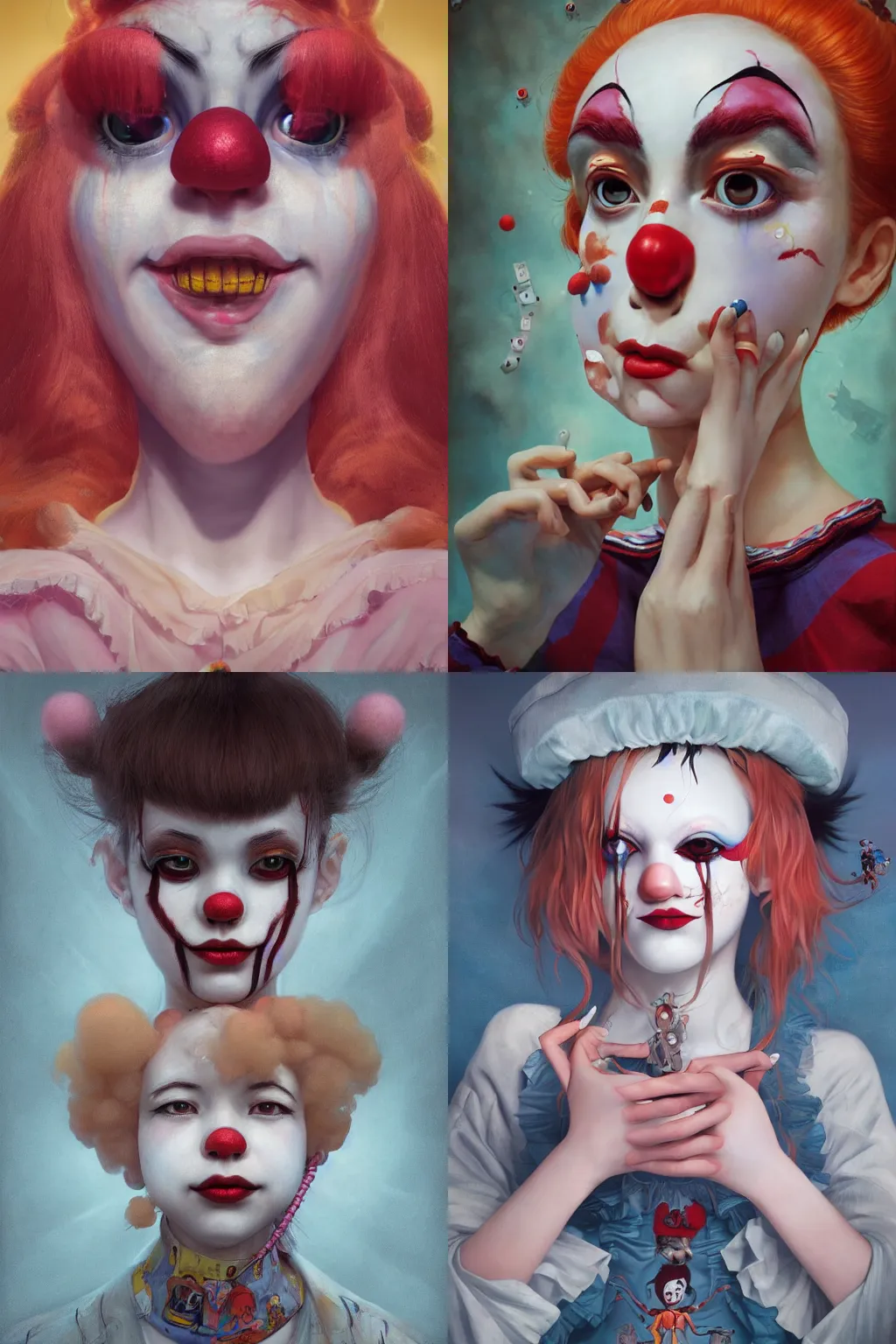 Prompt: breathtaking detailed painting of clown girl , with anxious, piercing eyes, Atari game cover art by Hsiao-Ron Cheng, James jean, Miho Hirano, Hayao Miyazaki, extremely moody lighting, hyperrealistic, octane render, RPG portrait, ambient light, dynamic lighting