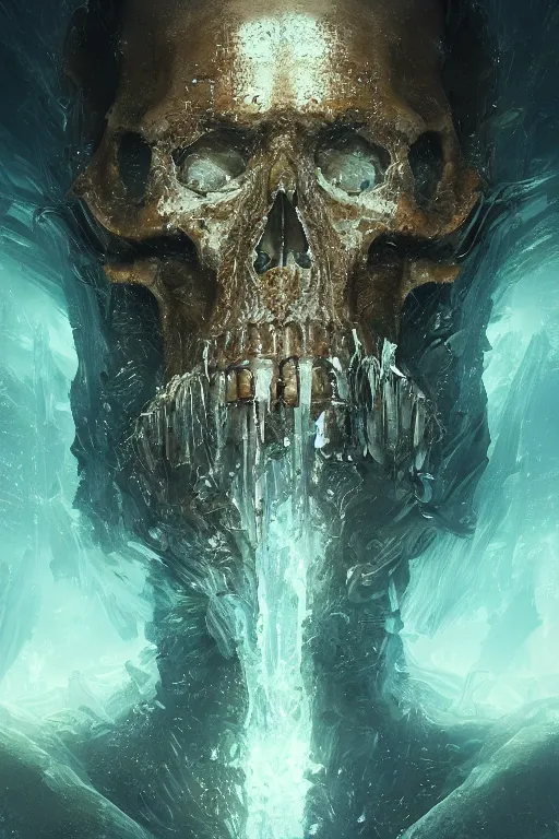 Image similar to atlantis skull, close - up portrait, powerfull, intricate, elegant, volumetric lighting, scenery, digital painting, highly detailed, artstation, sharp focus, illustration, concept art, ruan jia, steve mccurry