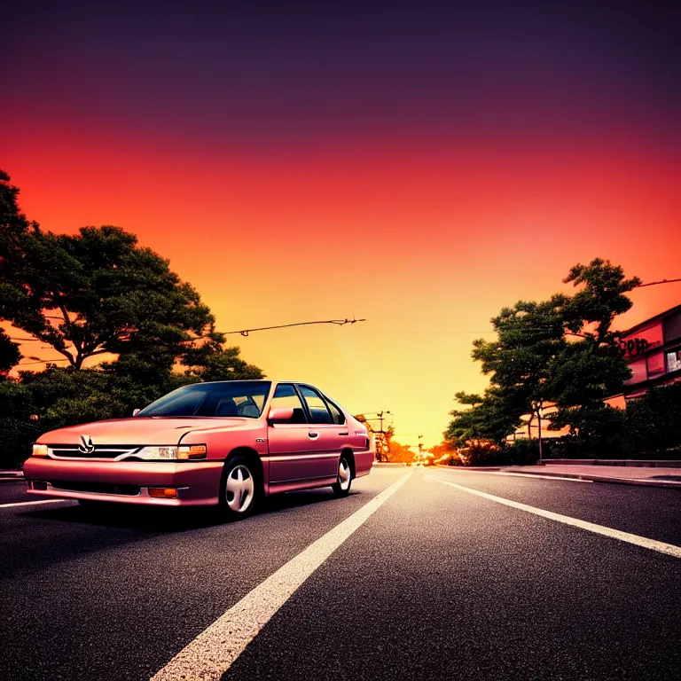 Image similar to close-up-photo 1997 TOYOTA CAMRY middle of street, sunset kanagawa prefecture, night, cinematic color, photorealistic, highly detailed,