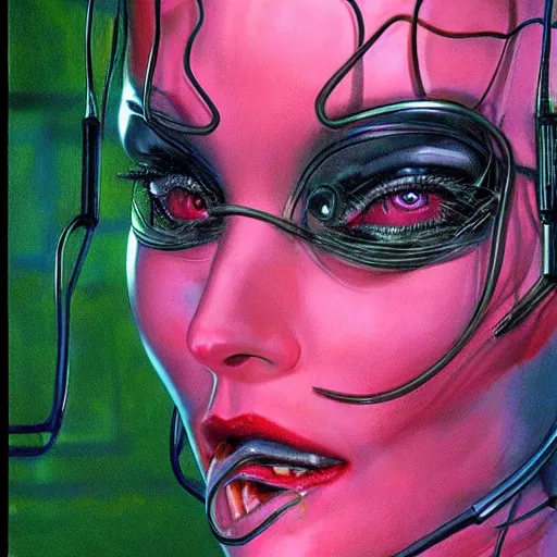 Image similar to a beautiful cybernetic woman with wires for hair, glowing eyes, razor sharp teeth, horror, natural lighting, style of bernie wrightson, style of richard estes, masterpiece, epic. hyper realism, fauvism