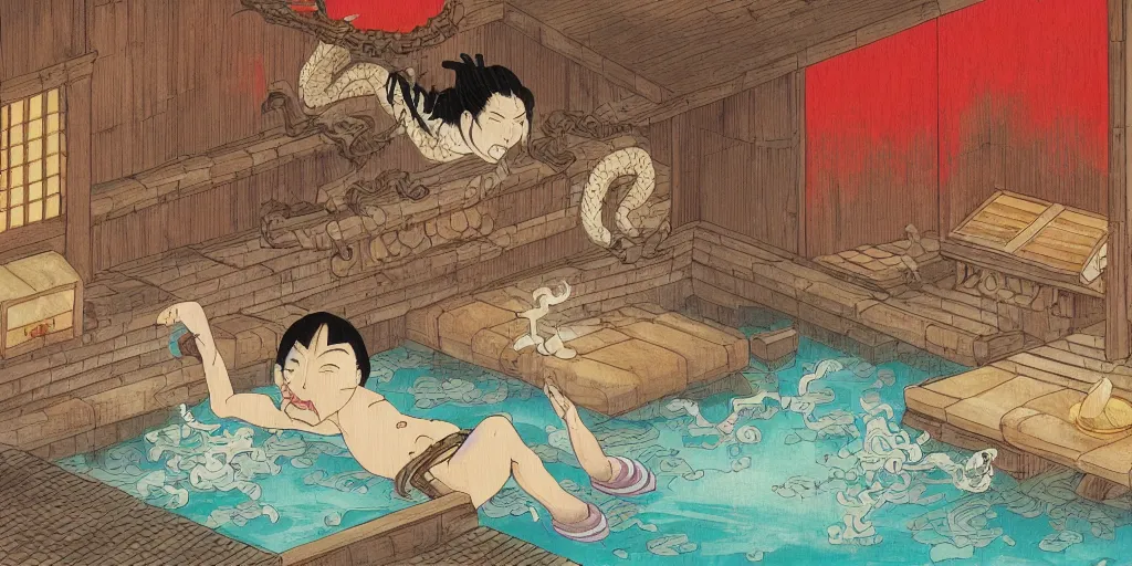 Image similar to an edo - period japanese bath - house filled with wacky characters and spirits. a stunned dragon has crashed through the wooden wall. fantasy art, painting, by studio ghibli, hayao miyazaki, high resolution wallpaper, colorful painting