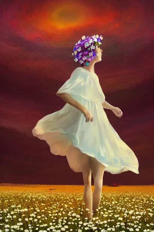 Image similar to giant white daisy flower as head, girl dancing in a flower field, surreal photography, sunrise, dramatic light, impressionist painting, colorful clouds, digital painting, artstation, simon stalenhag