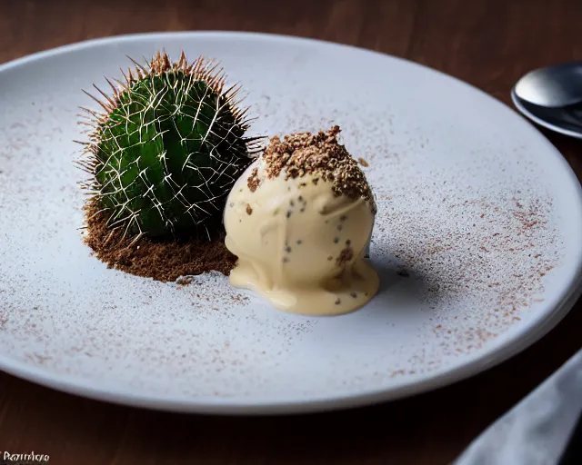 Prompt: a fine dining dessert plate of spiky cactus and ice cream, sugar sprinkled, food photography, michelin star, fine dining, bokeh