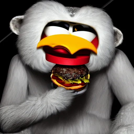 Image similar to anthropomorphic yeti eating a cheesburger