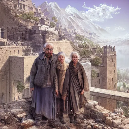 Image similar to hyperrealistic mixed media high resolution image of two Kurdish grandparents, stunning 3d render inspired art by István Sándorfi and Greg Rutkowski and Unreal Engine, perfect symmetry, dim volumetric lighting, 8k octane beautifully detailed render, post-processing, extremely hyper-detailed, intricate, epic composition, highly detailed attributes, highly detailed atmosphere, full body shot, cinematic lighting, masterpiece, trending on artstation, very very detailed, masterpiece, stunning, flawless structure, lifelike texture, perfection,