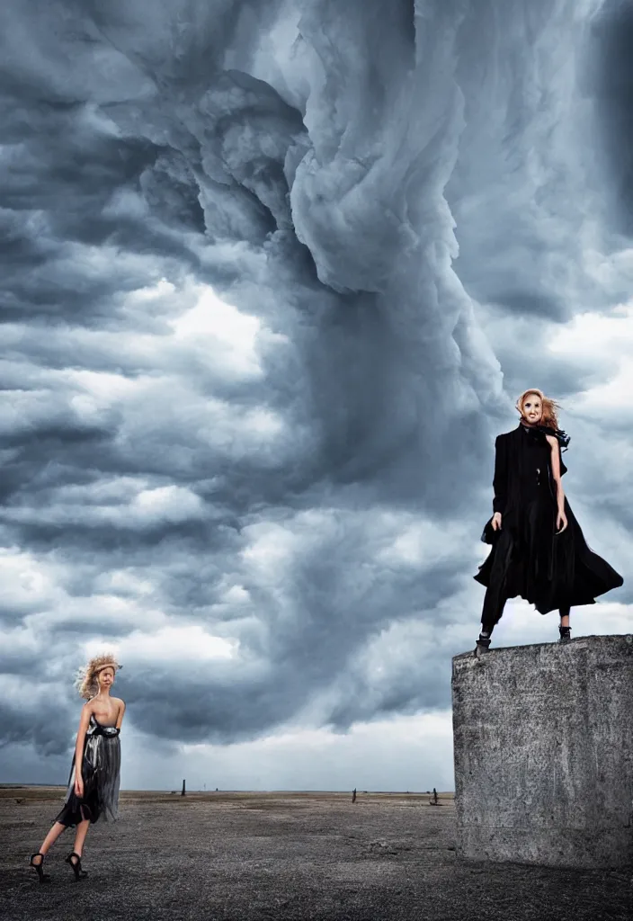 Prompt: fashion editorial in front of a tornado cloud.