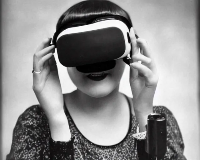 Image similar to 1 9 2 0 s photo of a flapper girl wearing a vr virtual reality headset