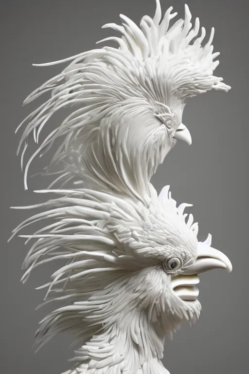 Prompt: full head and shoulders, realistic bjork porcelain rooster sculpture, smooth, delicate facial features, white eyes, white lashes, detailed white, lots of 3 d gold, all white features on a white background, by daniel arsham and james jean