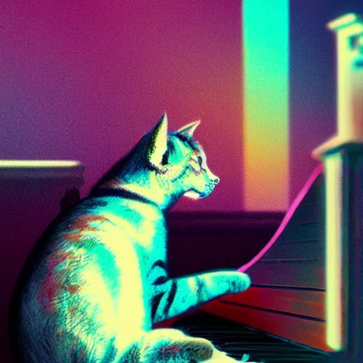 Image similar to cat playing piano synthwave digital art