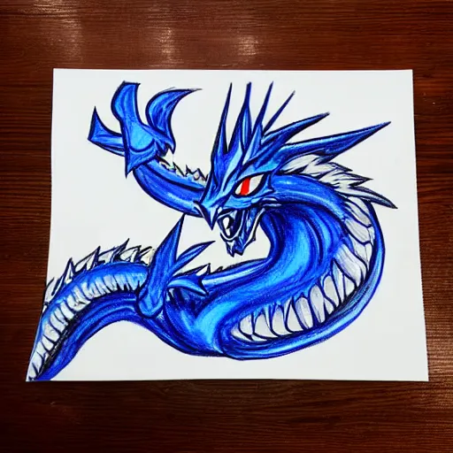 Image similar to wax crayon drawing of the blue - eyes white dragon from yu - gi - oh