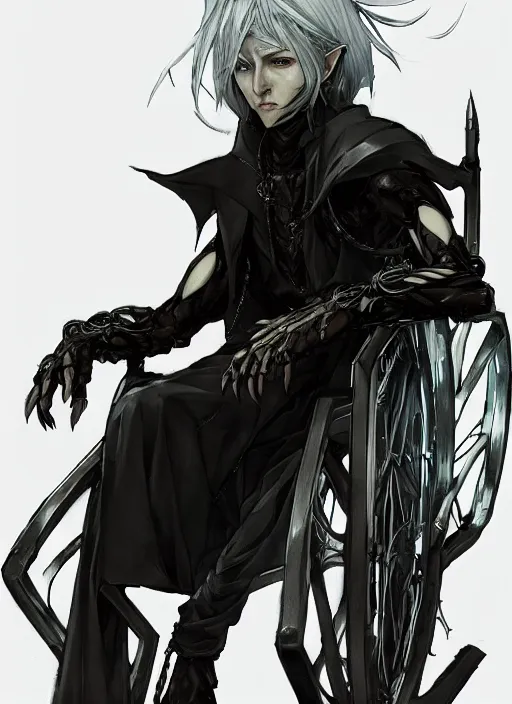 Prompt: Full body portrait of a frail elf in a wheelchair with silver hair and ornate robe. In style of Yoji Shinkawa and Hyung-tae Kim, trending on ArtStation, dark fantasy, great composition, concept art, highly detailed, dynamic pose.