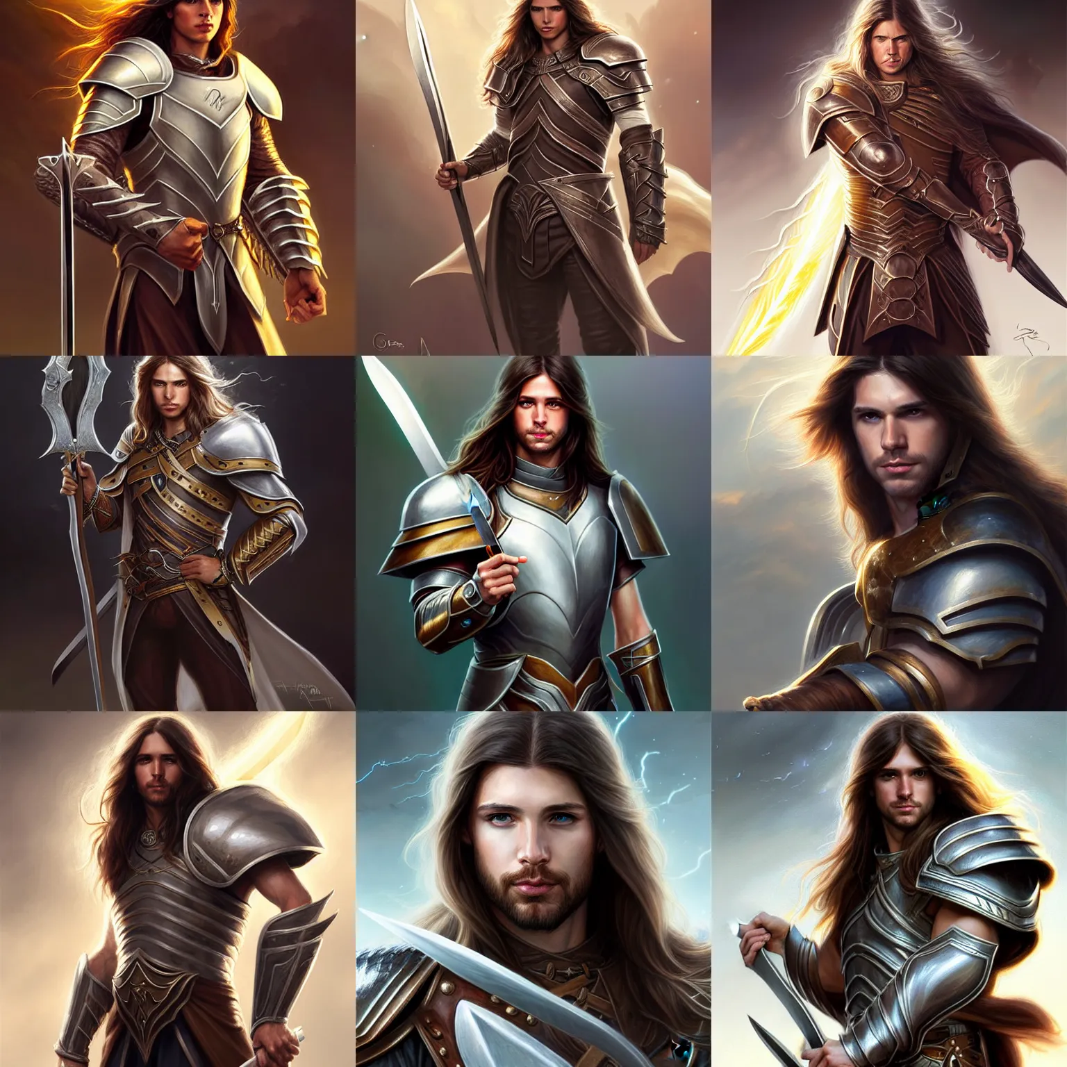 Prompt: long brown hair, male, white armor, lightning, D&D, fantasy, portrait, holding a glaive, highly detailed, digital painting, trending on artstation, concept art, sharp focus, illustration, art by artgerm and greg rutkowski and magali villeneuve