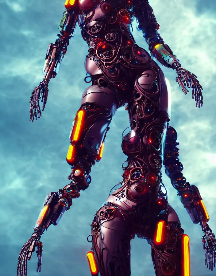 Image similar to full lenght shot, super hero pose, woman in biomechanical dress, inflateble shapes, wearing epic bionic cyborg implants of different colors, masterpiece, intricate, biopunk futuristic wardrobe, highly detailed, artstation, concept art, background galaxy, cyberpunk, octane render