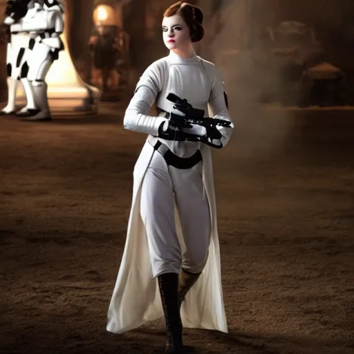 Image similar to Emma Stone as Princess Leia from Star Wars, movie scene