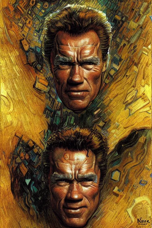 Prompt: character art the contra, bill rizer, arnold schwarzenegger, by karol bak, jean deville, gustav klimt, and vincent van gogh, trickster, enigma, destiny, inspiration, muse, otherworldly, arcane, spirals