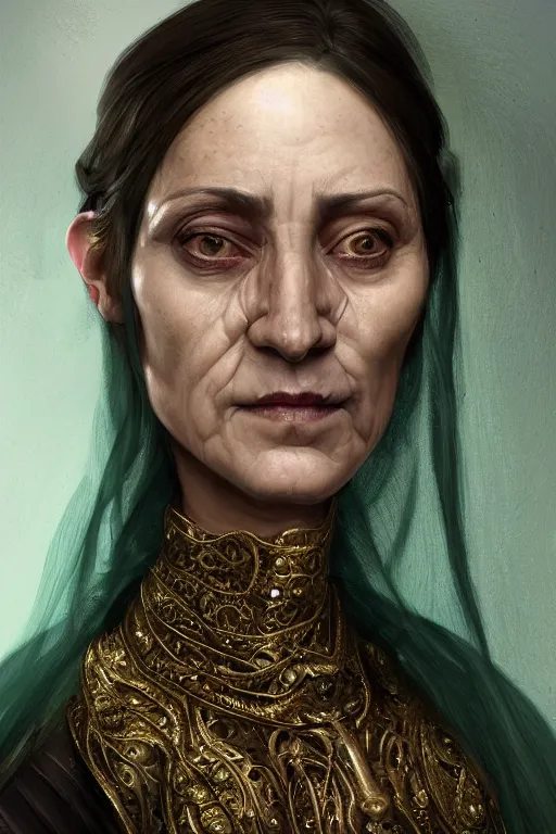 Image similar to portrait, headshot, digital painting, of a 17th century, beautiful, middle aged, middle eastern, wrinkles, decadent, cyborg merchant woman, dark hair, amber jewels, baroque, ornate dark green techwear clothing, scifi, futuristic, realistic, hyperdetailed, concept art, chiaroscuro, side lighting, art by waterhouse