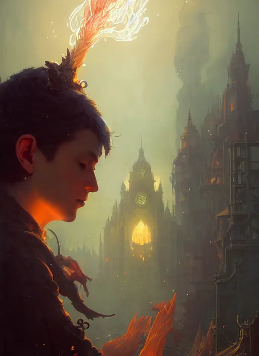 Image similar to Highly detailed portrait of Pyrotechnician elementalist, Stephen Bliss, unreal engine, fantasy art by Greg Rutkowski, Loish, Rhads, ferdinand knab, Makoto Shinkai and Lois van baarle, ilya kuvshinov, rossdraws, Tom Bagshaw, alphonse mucha, global illumination, radiant light, detailed and intricate environment