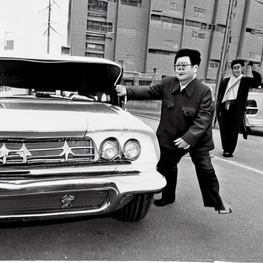 Image similar to 1960s press archive of middle-aged Kim Jong-il coming out of a car and a giant starfish-monster arm crushing the car, underexposed, kaiju-eiga by Ishirō Honda