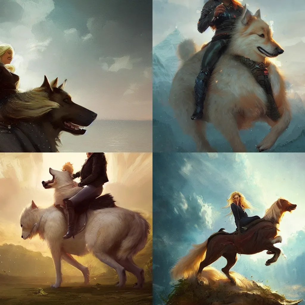 Prompt: a blonde lady riding a giant alsatian, sitting on Michael Mcintyre, by greg rutkowski, hyper detailed, art station