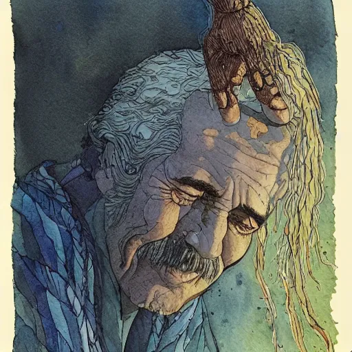 Prompt: very old shaman burns from inside, old gray haired mexican mage close his eyes no pain, watercolor ink painting, in the style of jean giraud, in the style of moebius, detailed realistic hd 8 k high resolution