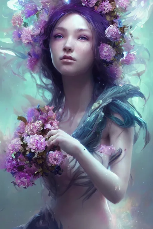 Prompt: the look of a young beautiful girl necromancer covered with crystals exploding space, 3 d render, hyper realistic detailed portrait, holding magic flowers, ruan jia, wlop. scifi, fantasy, hyper detailed, octane render, concept art, peter mohrbacher