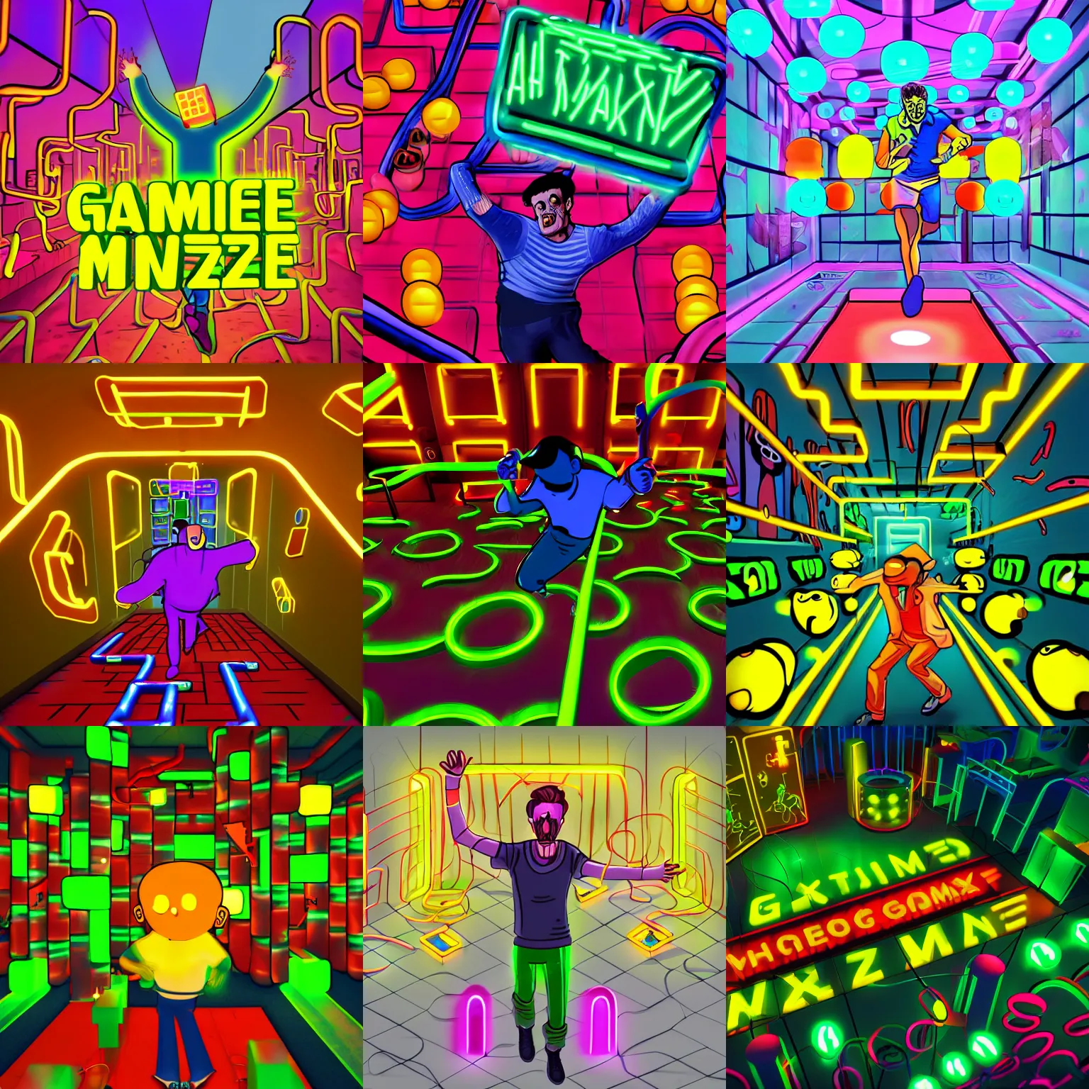 Prompt: Gamebox art of a psychotic man running through a neon maze. He runs into floating glowing yellow pills and eats them. Trending on artstation.