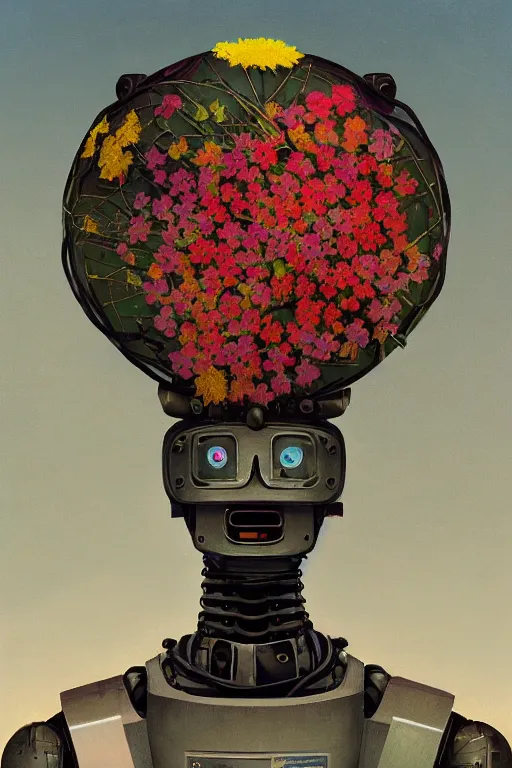 Prompt: a close up of a robot holding a flower, a digital painting by scott listfield, cgsociety, digital art, made of flowers, digital painting, speedpainting