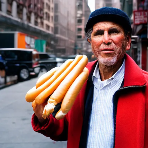 Prompt: closeup portrait of a man in hustle coat selling hotdogs from his jacket in a smoky new york back street, by Annie Leibovitz and Steve McCurry, natural light, detailed face, CANON Eos C300, ƒ1.8, 35mm, 8K, medium-format print