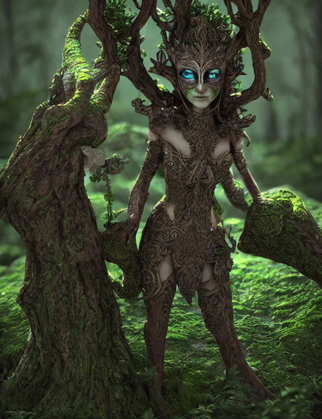 Prompt: elven masked deity in the lichen woods. this 3 d render by an indie artist has an interesting color scheme, plenty of details and impeccable lighting.