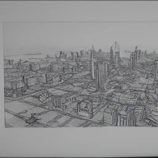 Image similar to pencil sketch of fully destroyed city after nuke bird view, high details