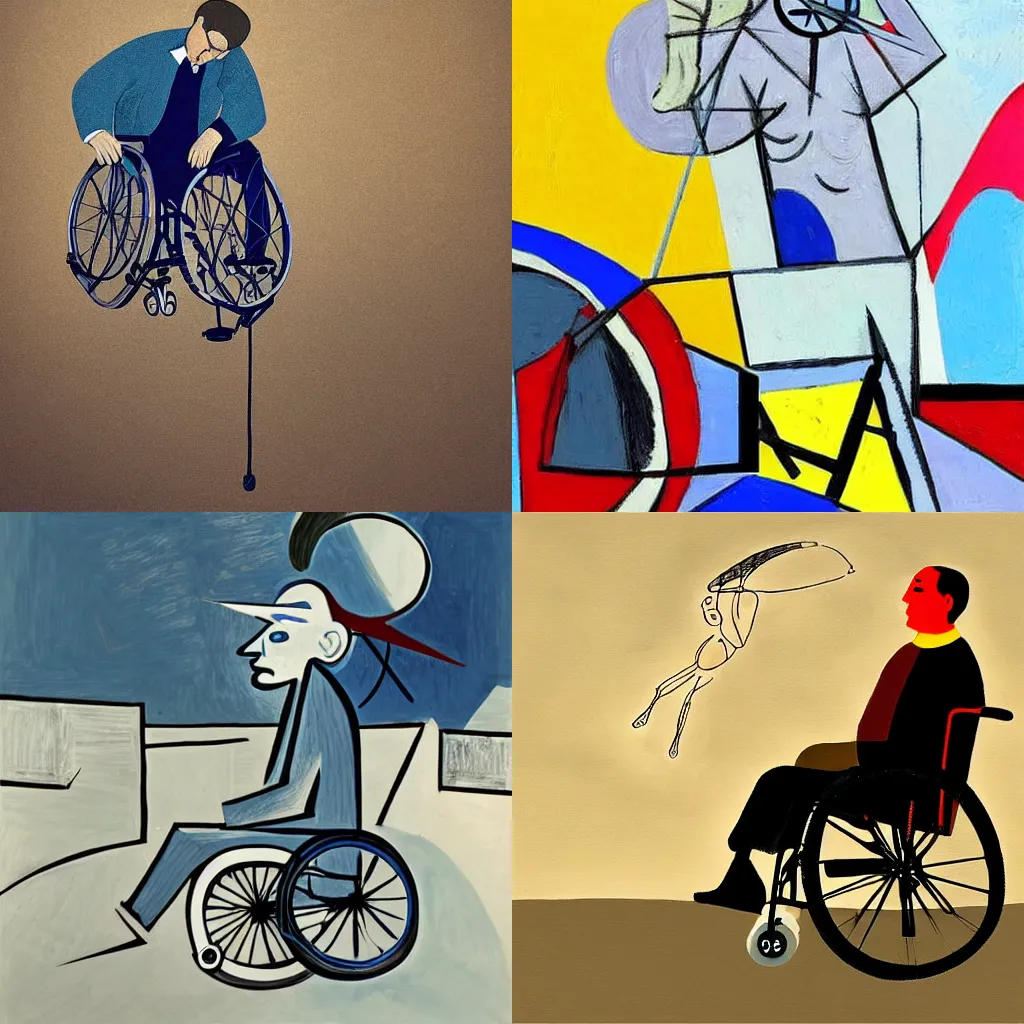 Prompt: a man in a wheelchair flying in the air, digital painting by Pablo Picasso