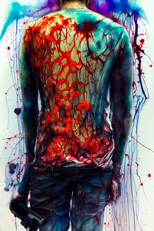 Image similar to zombie cop by agnes cecile enki bilal moebius, intricated details, 3 / 4 back view, full body portrait, extremely luminous bright design, horror, pastel colours, toxic drips, autumn lights