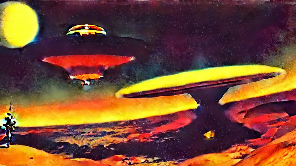 Image similar to flying saucer design by paul lehr and jack gaughan and john schoenherr, cinematic matte painting