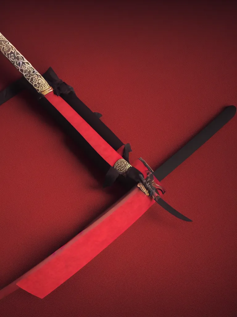 Prompt: a katana with a square tsuba sheathed inside a crimson colored scabbard, cinematic lighting, 4k