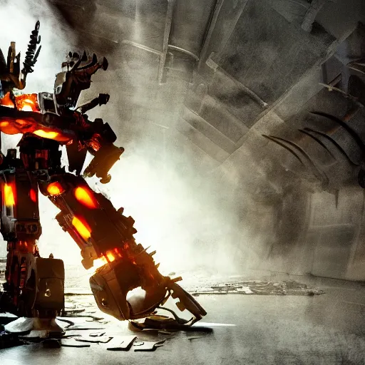 Image similar to cutlery mecha, dark messy smoke - filled cluttered workshop, dark, dramatic lighting, orange tint, cinematic, highly detailed, sci - fi, futuristic, movie still