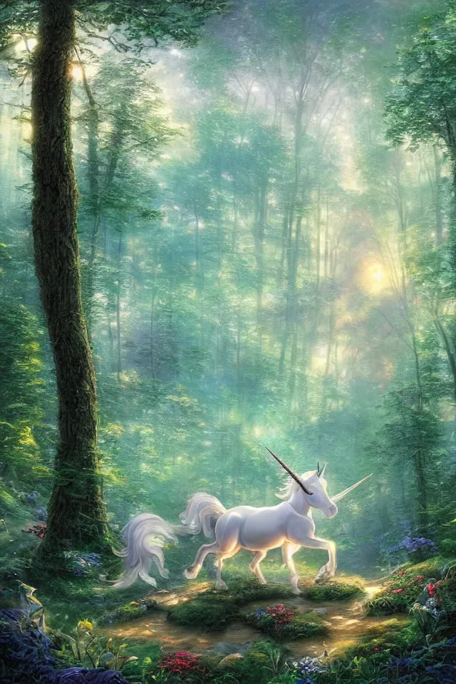 Prompt: a white unicorn in the forest and fireflies flying, dreamy and crystalline atmosphere ， super wide angle ， matte painting ， rtx on ， by thomas kinkade ， trending on cgsociety and artstation, volumetric light ， surreal