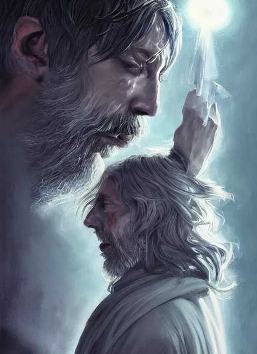 Prompt: Portrait of Mads Mikkelsen as a hexblade warlock aasimar, white glowing eyes, silver shaggy hair, short scruffy beard, cloak, teal ethereal tendril wings, male, fantasy, extremely detailed, digital painting, artstation, concept art, smooth, sharp focus, illustration, stunning lighting, art by artgerm and greg rutkowski and alphonse mucha and simon stalenhag, realistic character concept, high fantasy, light atmosphere, golden ratio, cinematic lighting, hyperdetailed, high resolution, insanely detailed and intricate, artstation, Marc Simonetti, Greg Rutkowski