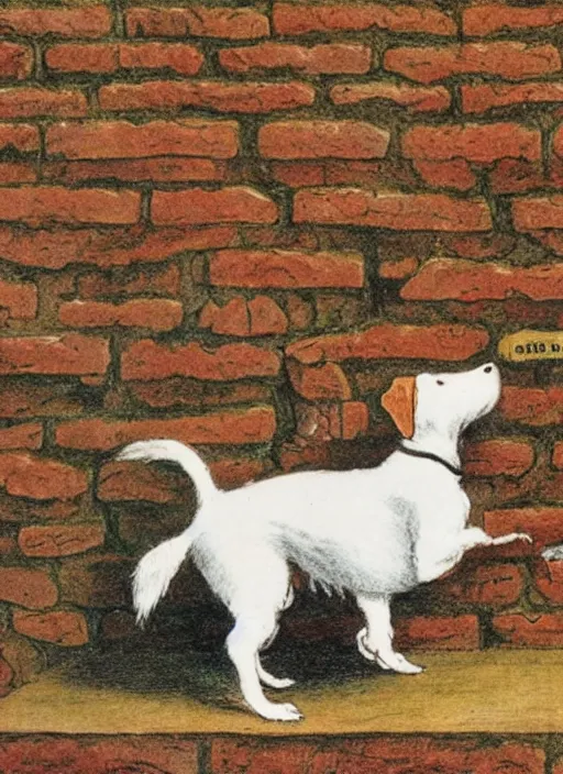Image similar to jack russel terrier balancing on brick wall, illustrated by peggy fortnum and beatrix potter and sir john tenniel
