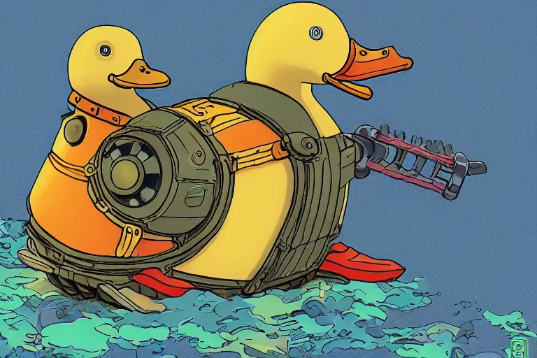 Image similar to illustration of a heavily armoured mechanical duck by studio ghibli, ominous, vivid colors, colorful