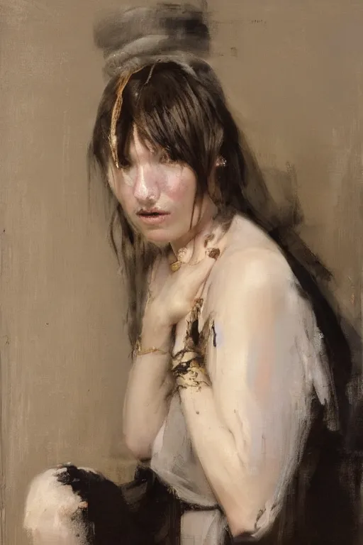 Image similar to Richard Schmid and Jeremy Lipking and Roberto Ferri full length portrait painting of a young beautiful priestess woman