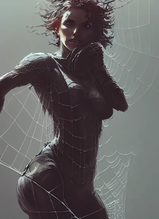 Image similar to painting of a woman in a spider web, highly detailed, digital painting, concept art, smooth, sharp focus, illustration, illustration by greg rutkowski, yoji shinkawa, 4 k, digital art, concept art, trending on artstation, 8 k