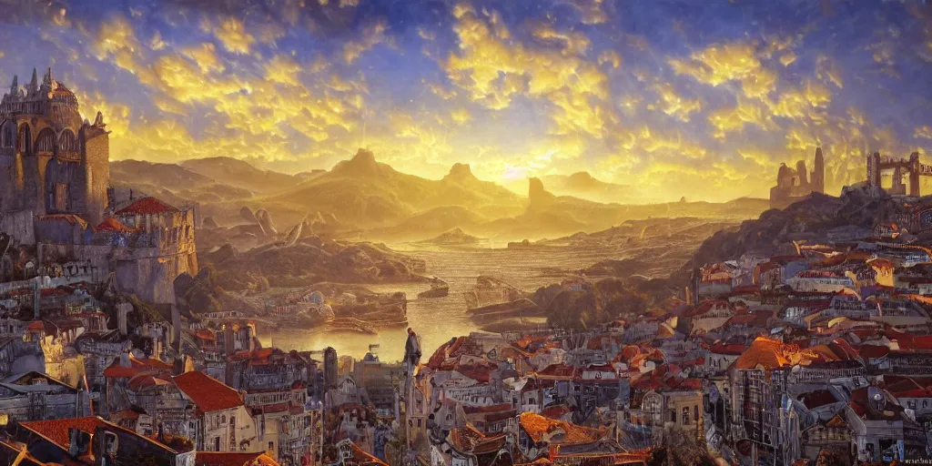 Prompt: fantasy oil painting, megalithic city of lisbon, fantasy, buildings, looming, colossal, gate, small buildings, warm lighting, street view, daytime, silhouetted figure standing overlooking the port city, epic, distant mountains, bright clouds, luminous sky, cinematic lighting, michael cheval, michael whelan, artstation, oil painting, vray, 8 k hd