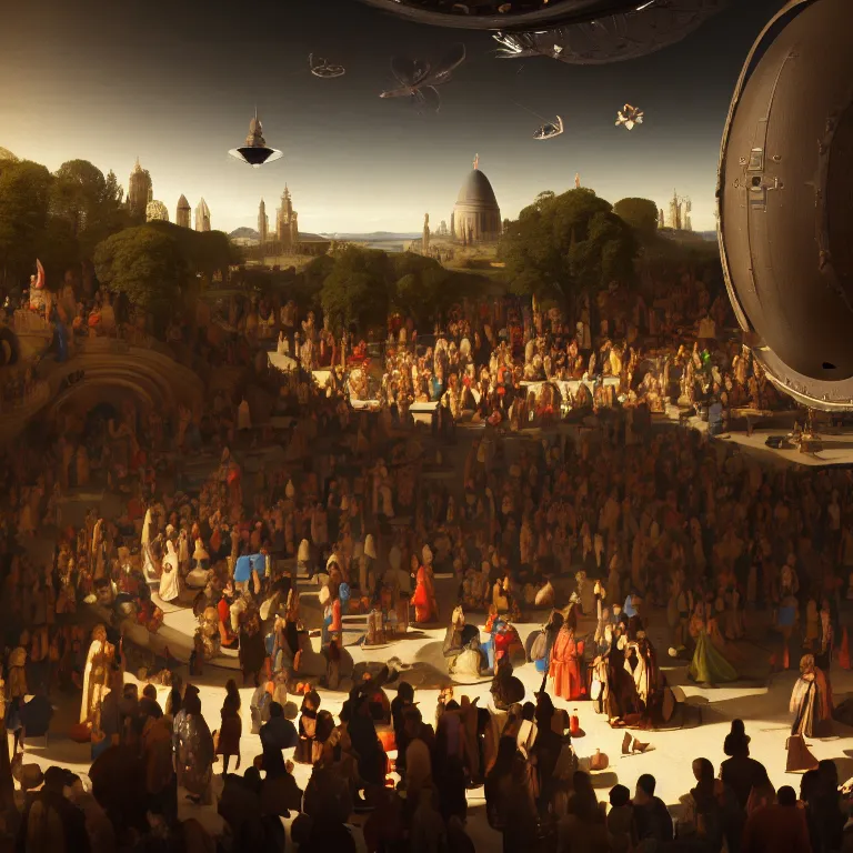 Image similar to crowd of medieval people surrounding UFO flying saucer, dream-like atmosphere, baroque painting, beautiful detailed intricate insanely detailed octane render trending on Artstation, 8K artistic photography, photorealistic, soft natural volumetric cinematic light, chiaroscuro, award-winning photograph, masterpiece, Raphael, Caravaggio, Greg Rutkowski, Beeple