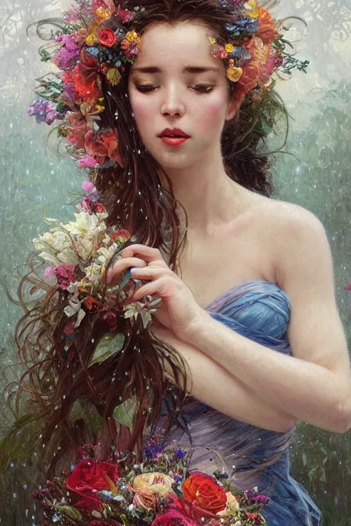 Image similar to portrait of a beautiful mysterious woman holding a bouquet of flowing flowers, wet dripping long hair, hands hidden under the bouquet, emerging from the water, fantasy, regal, intricate, by stanley artgerm lau, greg rutkowski, thomas kindkade, alphonse mucha, loish, norman rockwell