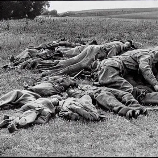 Image similar to a ww 2 picture of a pile of dead body's infront of a farm house, highly realistic, very detailed, taken on a ww 2 camera.