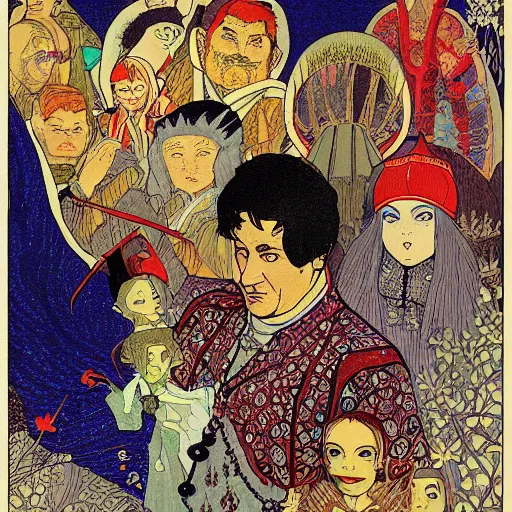 Image similar to viktor orban on a detailed ivan bilibin and edmund dulac and ilya kuvshinov and katsuhiro otomo inspired print