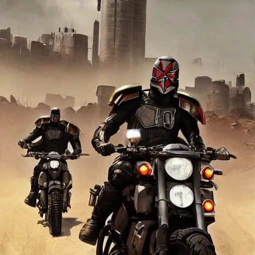 Image similar to four judges on big motorcycles from Judge Dredd riding across the Cursed Earth with a trail of dust behind them, and the ruins of Minneapolis ahead. Hyperrealistic, artstation, movie poster art