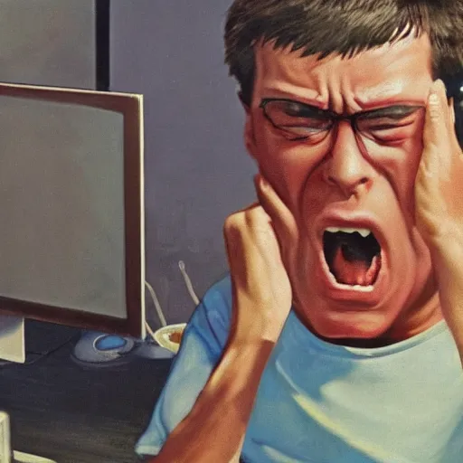 Image similar to an angry man screams at his computer monitor, oil on canvas, 1 9 6 7, highly detailed